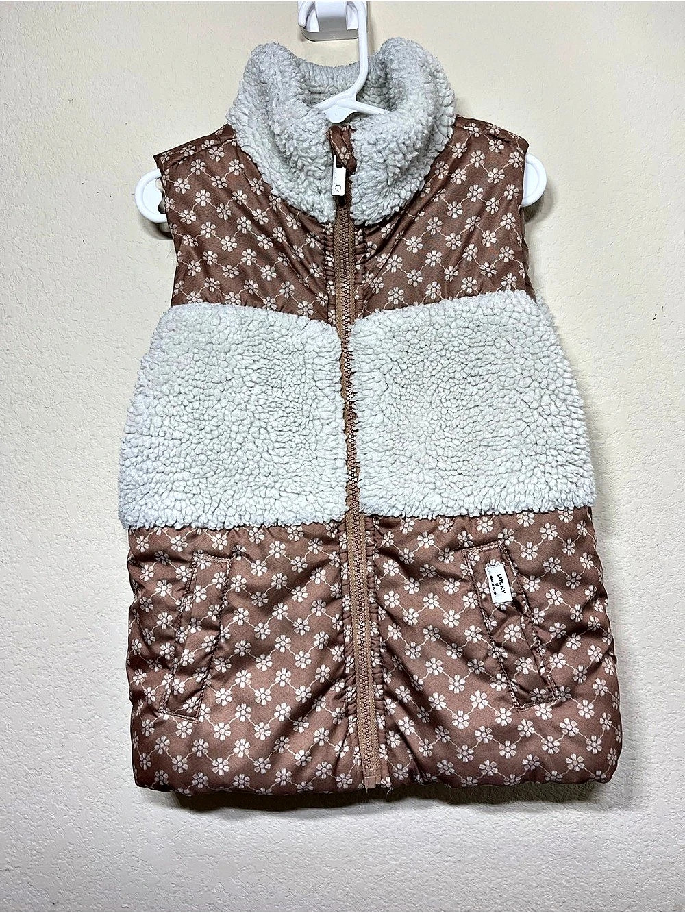 Lucky Brand Floral Sherpa Puffer Vest Brown & White Girls 6